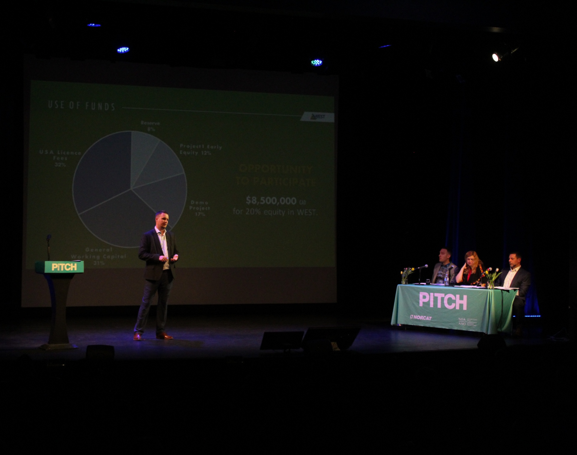 Pitch presenter smiling on stage during their Venture North PITCH presentation.
