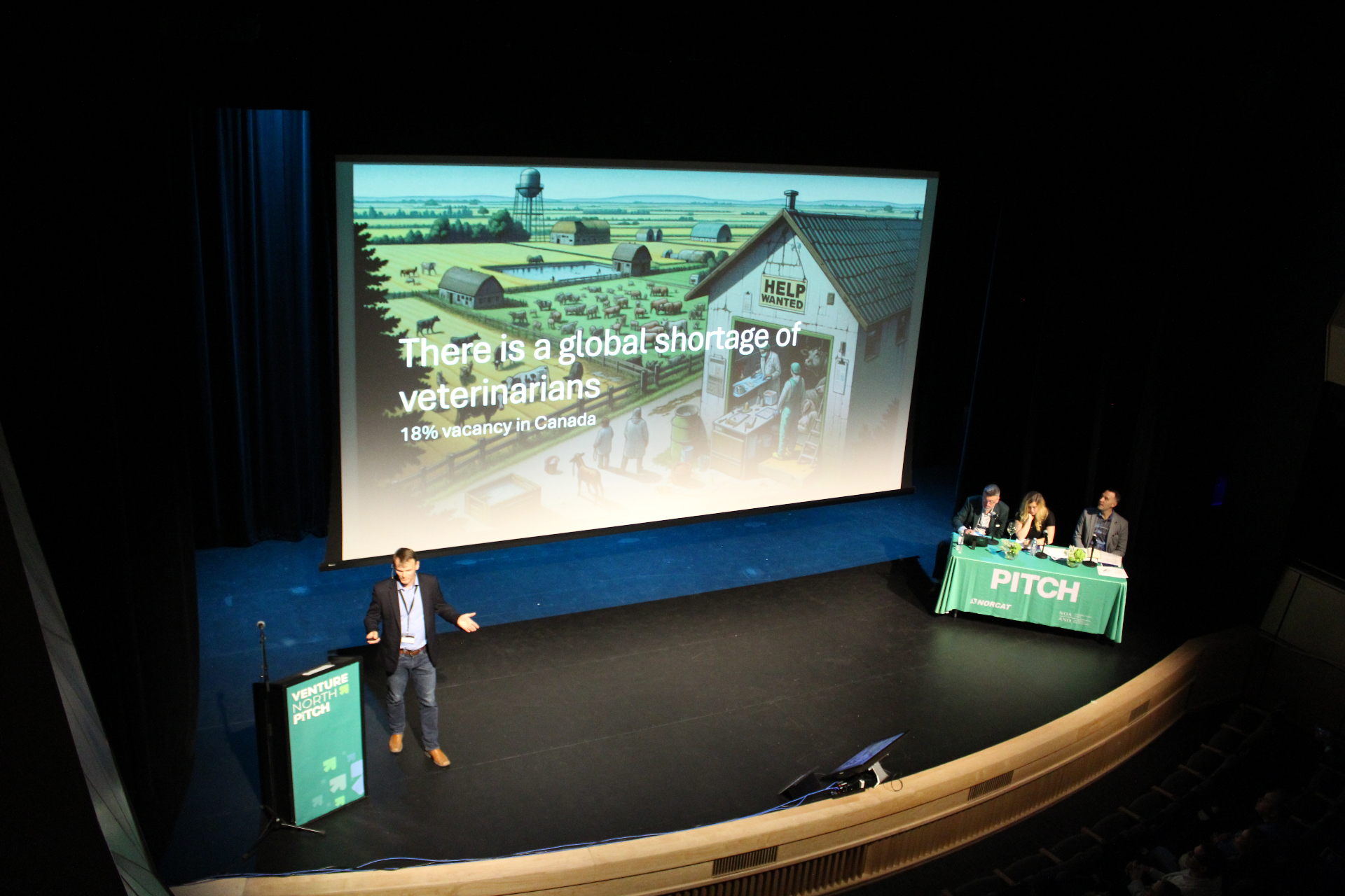 Speaker presenting on the Venture North PITCH stage to the judges panel.